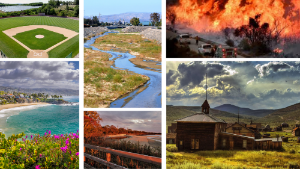 A collage photo of the topics presented at All Points of the the Compass: a baseball field, the beach, a creek, wildfires, and a ghost town
